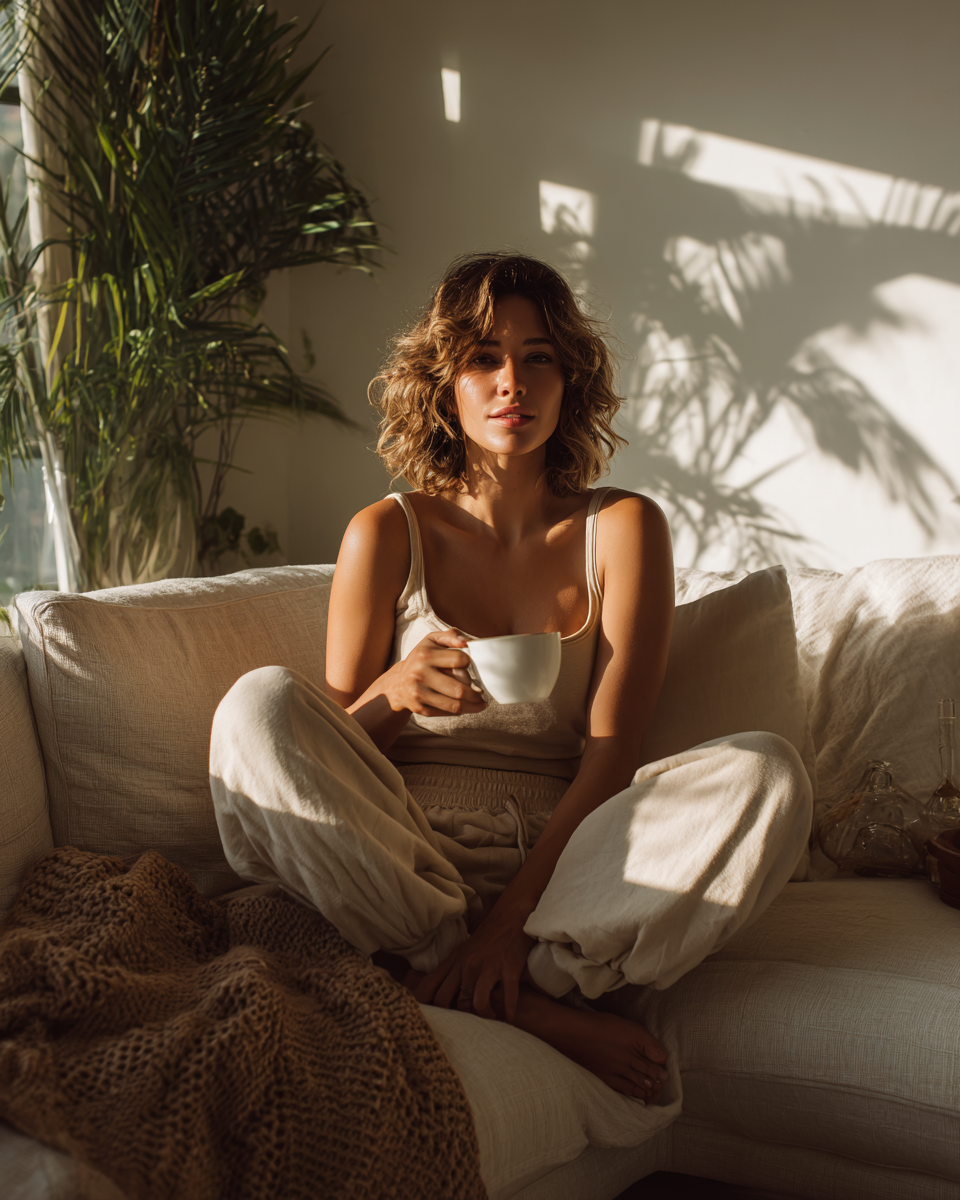 Mujer recostada en ambiente cálido y relajado representando tranquilidad y salud integrativa